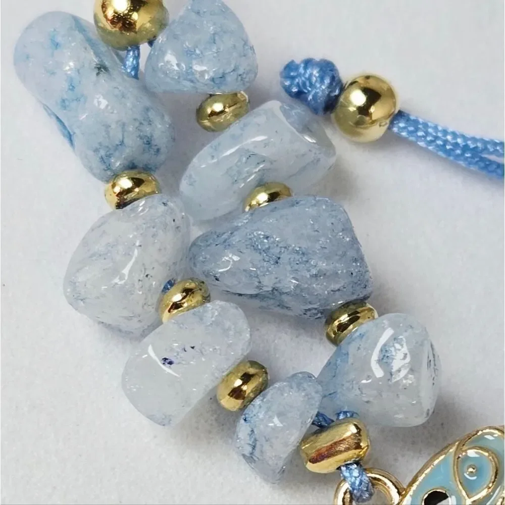 Aquamarine Crystal Beaded Elephant Bracelet Adjustable String Gold Enamel Charm